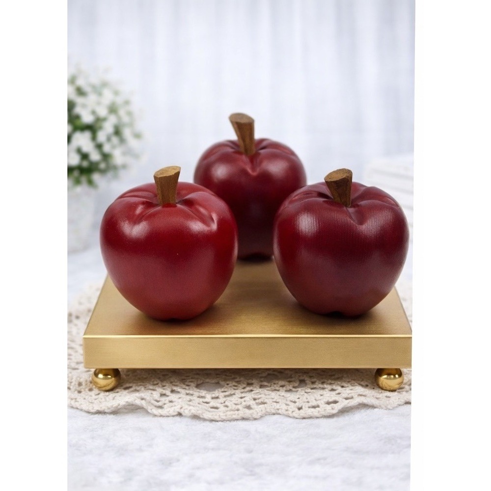 3 Faux Fruit Wood Wooden Red Apples Stems Realistic Farmhouse Decor Heavy